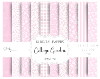 Pink Toile Digital Paper Pack, Seamless Pink and White Patterns, Baby Shower & Scrapbooking Backgrounds