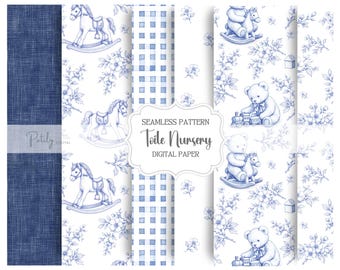Toile Teddy Bear & Rocking Horse Seamless Pattern Bundle, Vintage French Nursery Digital Paper