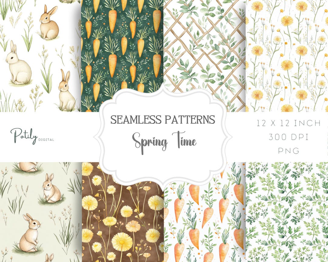 Spring Time Seamless Pattern Pack, Carrots and Bunny Rabbits, Instant ...