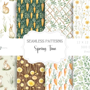 Spring Time Seamless Pattern Pack, Carrots and Bunny Rabbits, instant digitale download, clipart voor papers, POD en meer, png