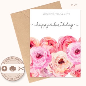 Cartão de feliz aniversário para impressão, flores em aquarela, download digital, impressão em casa, cartão DIY