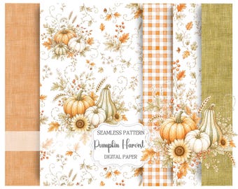 Pumpkin Seamless Pattern, Autumn Harvest Digital Paper, Floral Fall Pattern, Fabric and Scrapbooking