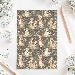 Seamless pattern in a vintage storybook toile style featuring girls picking pretty wildflowers. Soft ink and watercolor illustration in muted tones of sandy beige, pale blue, and warm grey.