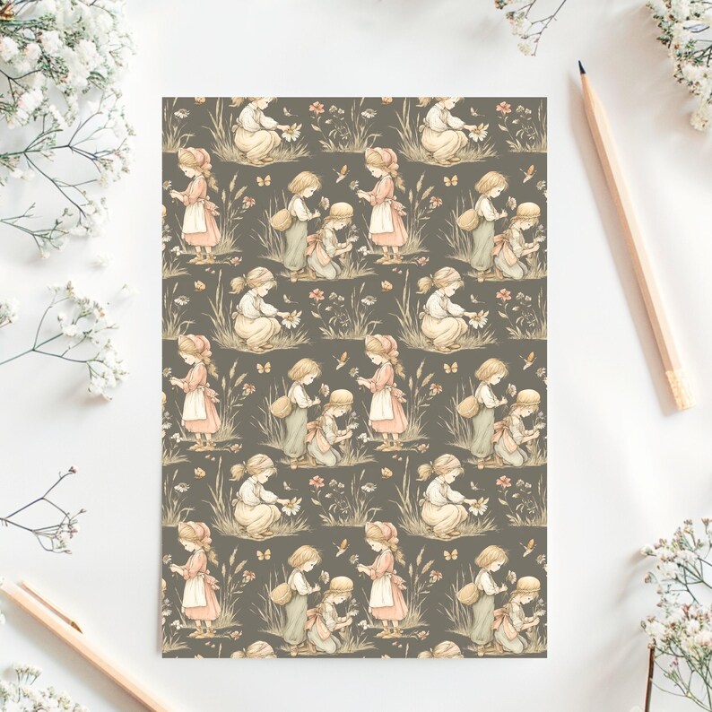 Seamless pattern in a vintage storybook toile style featuring girls picking pretty wildflowers. Soft ink and watercolor illustration in muted tones of sandy beige, pale blue, and warm grey.
