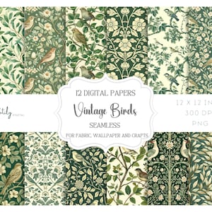 Set saliegroen erfgoed naadloze bloemenpatroon – William Morris-stijl vintage botanische stof en behang – 12 digitale papiersoorten