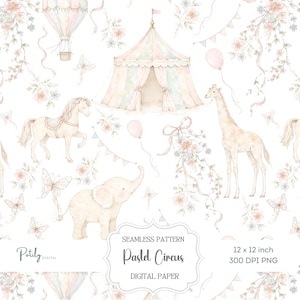Sömlöst cirkusmönster, pastellfärgad barnrumstoile, vintagekarnevalsdjur, akvarell babytygdesign, digitalt blommigt cirkuspapper