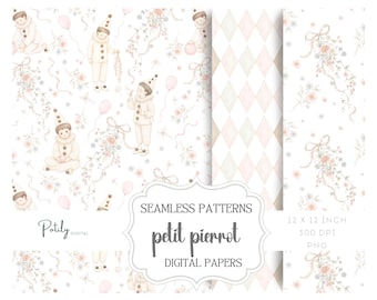 Seamless Nursery Pattern Set, Pierrot Clown Digital Paper Pack, Vintage Circus, Storybook Baby Designs, Floral Harlequin Patterns PNG