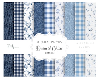 Blue Denim Seamless Digital Paper Set, Blue and White Printable Scrapbook, Baby Shower & Nursery Decor