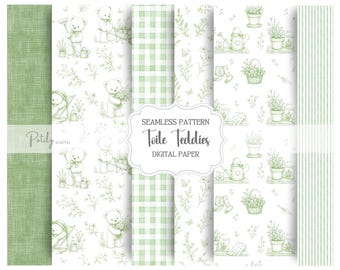 Green Toile Seamless Pattern Bundle, Teddy Bear Nursery Digital Paper, Storybook , Baby Shower Fabric, Instant Download