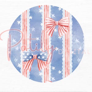 Americana bow stripe seamless pattern with red white and blue ribbon bows lace stripes and stars, vintage patriotic coquette digital paper for fabric wallpaper nursery decor