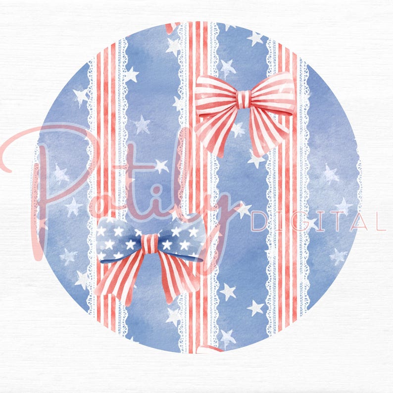 Americana bow stripe seamless pattern with red white and blue ribbon bows lace stripes and stars, vintage patriotic coquette digital paper for fabric wallpaper nursery decor