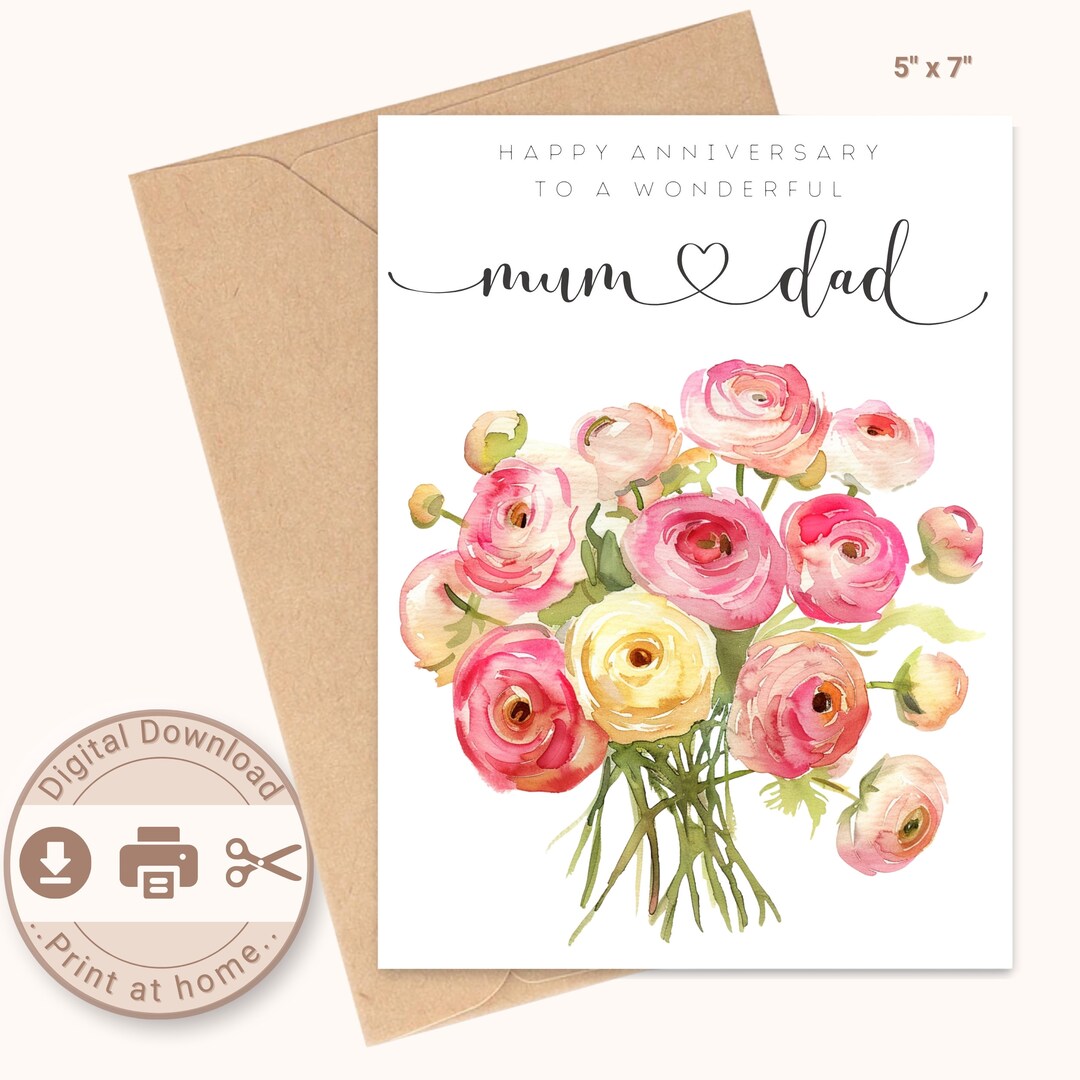 Printable Anniversary Card for Mum and Dad, Digital Download, Print at