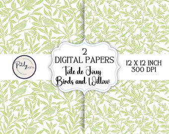 May include: Two digital papers with a toile de jouy pattern featuring birds and willow branches. The papers are 12 x 12 inches and 300 DPI.