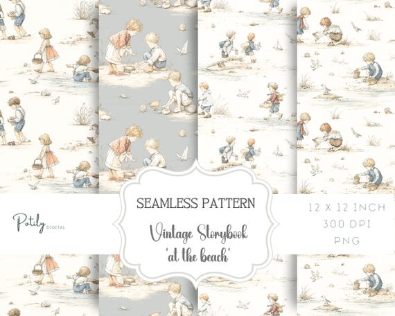 Toile-Inspired Seamless Pattern – Summer Beach Scene with Children in Vintage Storybook Style, perfect for nursery decor and fabrics