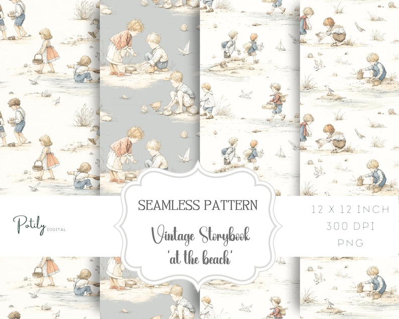 Seamless pattern in a vintage storybook toile style featuring children playing at the beach, paddling in shallow waves. Soft ink and watercolor illustration in muted tones of sandy beige, pale blue, and warm grey.