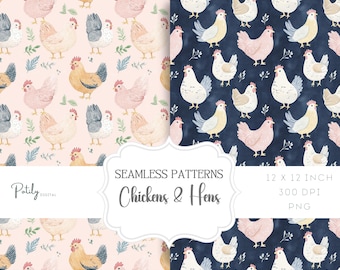 Puede incluir: Dos patrones sin costuras con ilustraciones de acuarela de pollos y gallinas. Los patrones están sobre un fondo rosa y azul con acentos florales blancos. El texto "Seamless Patterns Chickens & Hens" se muestra en el centro de la imagen. El texto "12 x 12 inch 300 DPI PNG" se muestra en la esquina inferior derecha de la imagen.