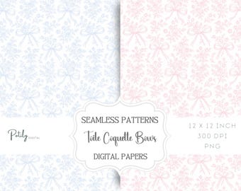 Toile De Jouy Seamless Pattern, Pink and Blue Coquette Vintage Bow digital papers