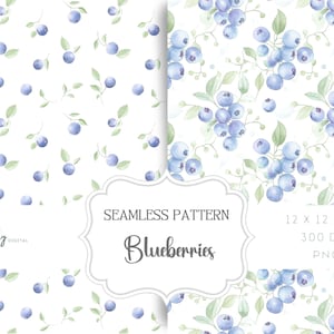 Op de afbeelding: Een naadloos patroon met aquarel illustraties van blauwe bessen op een witte achtergrond. Het patroon is 12 x 12 inch en 300 DPI. De tekst "Seamless Pattern Blueberries" staat in een wit rechthoek met afgeronde hoeken.