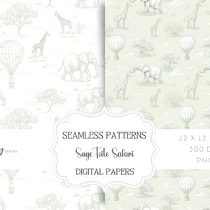 May include: Two seamless digital paper patterns. One is white with sage green illustrations of elephants, giraffes, hot air balloons, and trees. The other is sage green with white illustrations. The text reads "Sage Toile Safari" and "Digital Papers".