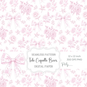 Puede incluir: Un patrón de papel digital sin costuras con lazos y rosas rosas sobre un fondo blanco. El diseño incluye el texto "Toile Coquette Bows" y "Digital Paper". El papel mide 30,48 cm x 30,48 cm.