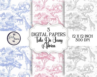 Toile de Jouy digitaal papier - naadloze dierenpatroon clipart voor papier, stoffen en meer - Instant Download png-bestanden.