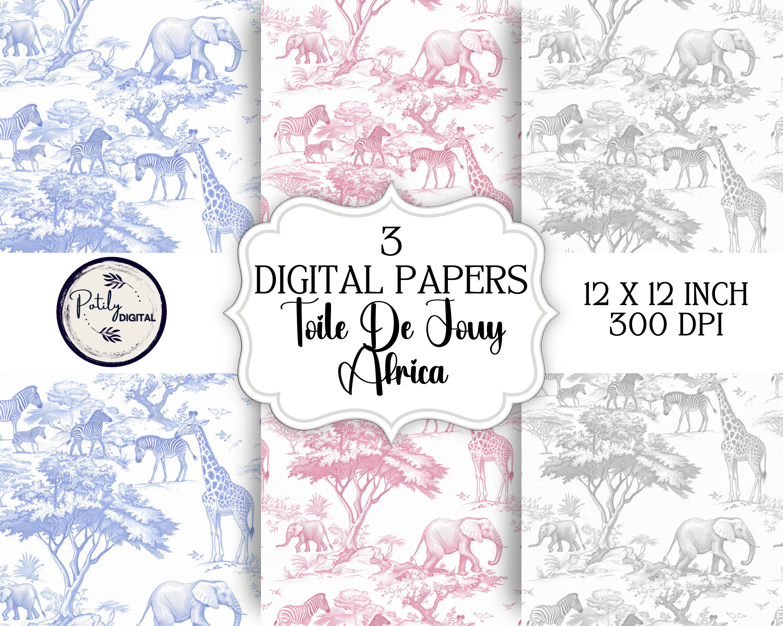 Toile De Jouy Digital Paper - Seamless Animal Pattern Clipart for Paper ...
