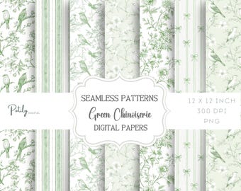 Green Toile De Jouy Chinoiserie Backgrounds, Digital Scrapbook Paper, Vintage Floral Patterns, Green And White