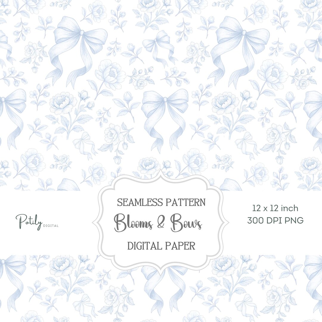 Blue Chinoiserie Toile De Jouy Seamless Pattern, Vintage Coquette Bow ...