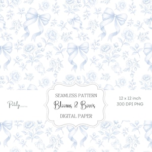 Könnte beinhalten: Nahtloses digitales Papier mit einem sich wiederholenden Muster aus hellblauen Schleifen und Rosen auf weißem Hintergrund. Das Design enthält den Text "Blooms & Bows" und "Digital Paper". Das Papier misst 30,48 x 30,48 cm.