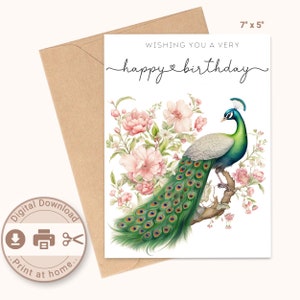 Cartão de feliz aniversário para impressão, pavão aquarela e flores, download digital, impressão em casa, cartão DIY