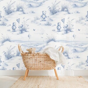 Modern toile seamless nursery pattern featuring a whimsical beach scene with teddy bears ideal for baby nursery and summer themed projects