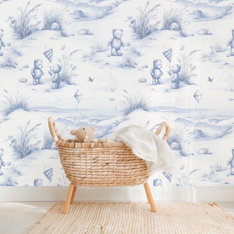 Modern toile seamless nursery pattern featuring a whimsical beach scene with teddy bears ideal for baby nursery and summer themed projects