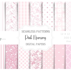Può includere: Una collezione di carte digitali rosa con vari motivi, tra cui strisce, pois, disegni floreali e quadretti. Il testo "Pink Nursery" e "Digital Papers" è visualizzato su una cornice decorativa bianca. Le carte misurano 30,48 cm x 30,48 cm.