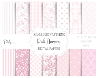 Pink Toile Seamless Digital Paper Set – Coquette Bows and Preppy Backgrounds, Nursery and Baby Shower, Pink & White Printable Paper Set