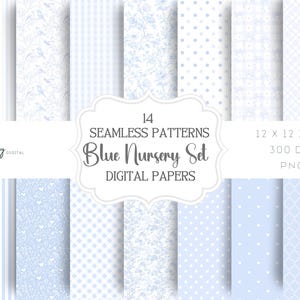 Seamless blue digital paper set featuring toile birds, florals, preppy gingham, polka dots, hearts, bows, stripes, and damask patterns. Pastel pink and white printable backgrounds in a coquette grandmillennial style, perfect for nursery decor, baby shower crafts, scrapbooking, invitations, and party decorations.