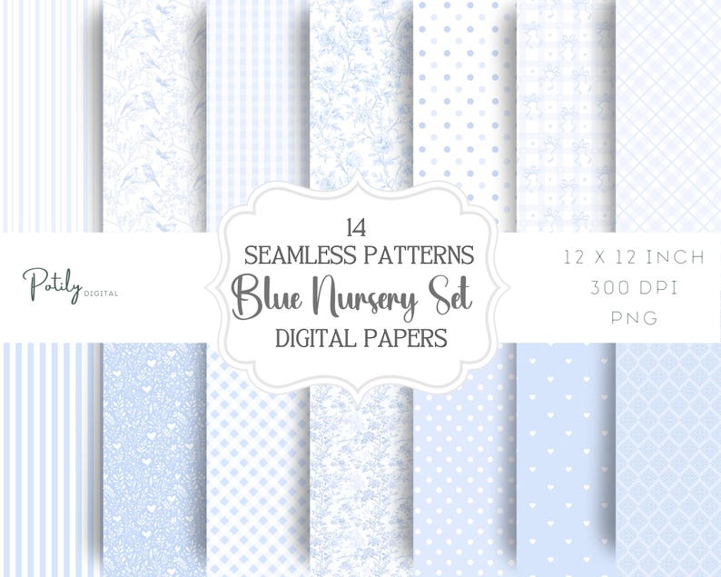 Seamless blue digital paper set featuring toile birds, florals, preppy gingham, polka dots, hearts, bows, stripes, and damask patterns. Pastel pink and white printable backgrounds in a coquette grandmillennial style, perfect for nursery decor, baby shower crafts, scrapbooking, invitations, and party decorations.