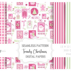 Könnte beinhalten: Digitales Papier-Set mit Weihnachtsmustern. Designs umfassen rosa Vichy, rosa und weiße Streifen und ein sich wiederholendes Muster aus Weihnachtsmarken, Lebkuchenmännern und Weihnachtsmann-Gesichtern. Der Text "Trendy Christmas" ist ebenfalls sichtbar.