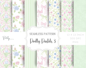 Grandmillennial Seamless Patterns, Watercolor Shabby Chic Pastel Floral Digital Paper - for Paper, Fabrics and more - Instant Download
