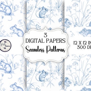 Toile de Jouy digitaal papier - naadloos patroon, Engelse veldmuis, clipart voor papier, stoffen en meer - png-bestanden direct downloaden.