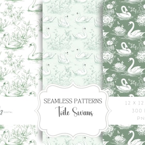 May include: Two seamless digital paper patterns featuring a toile design of swans in a pond with green foliage. The patterns are 12 inches by 12 inches and 300 DPI.