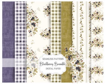 Blackberry Seamless Pattern, English Countryside Botanical Digital Paper, Cottagecore Floral Wallpaper, Fabric Print PNG