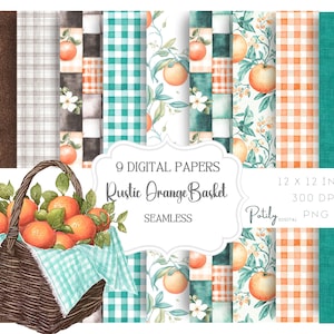 May include: Digital paper pack featuring nine seamless designs with a rustic orange theme. Includes patterns of oranges, gingham, and patchwork in shades of orange, teal, and brown. A basket of oranges is also shown. The text reads "Rustic Orange Basket".