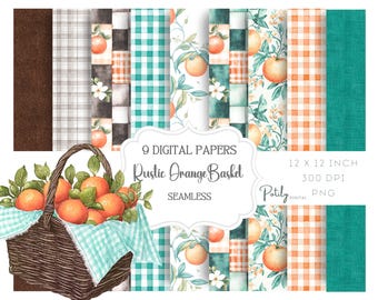 Seamless pattern Orange Citrus Pack - Includes Denim, Teal and Orange Patchwork and Gingham patterns, Digital Paper