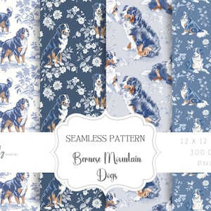 Toile de Jouy Digital Paper - Seamless Pattern, Dogs, Bernese mountain dogs, Clipart for Paper, Fabrics and more - Instant Download