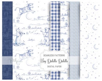 Blue Toile Seamless Pattern Bundle, Nursery Rhyme Digital Paper, Storybook Nursery Wallpaper, Baby Shower Fabric, Instant Download