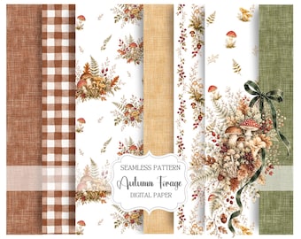 Autumn Fall Mushroom Seamless Pattern Collection, Woodland Fungi Digital Paper, Forest Forage Scrapbook & Fabric Patterns