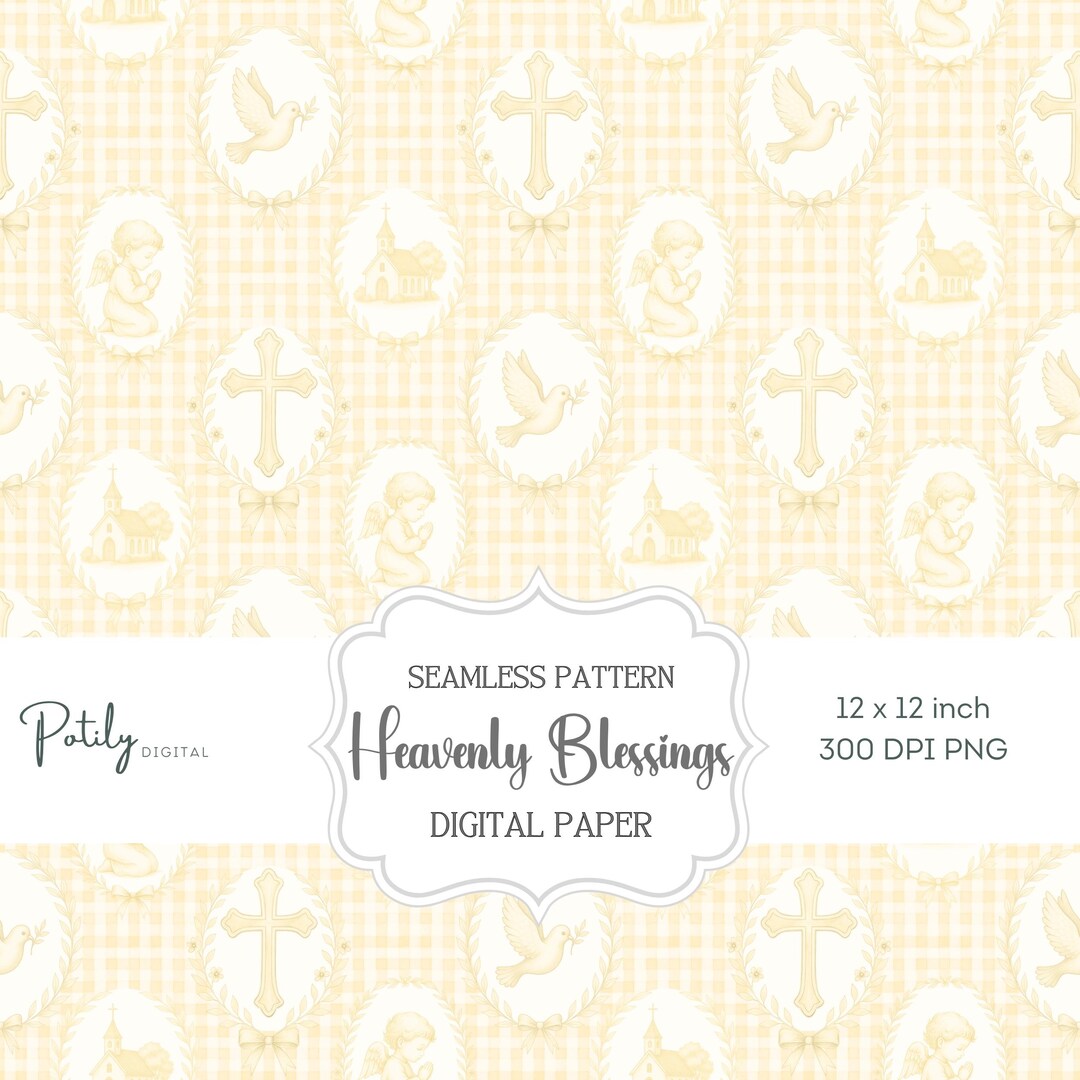 Christian Seamless Pattern, Yellow and White Gingham Christening ...