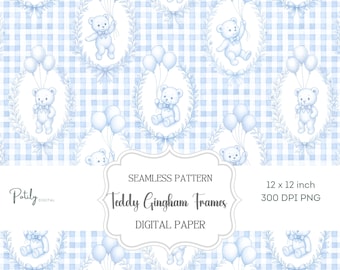 Teddy Bear with Balloons Seamless Pattern, Blue Gingham Digital Paper, Baby Boy Nursery Decor