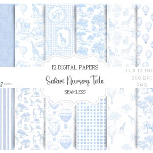Safari Toile De Jouy Barnrum Seamless Mönster Bundle, 12 Digitala Papperspaket För Tyg, Kapsel & Utskrivbara Material