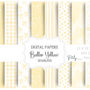 以下が含まれることがあります： バターイエローの色合いで、ギンガム、リボン、ストライプ、星など、さまざまなパターンが特徴のデジタルペーパーのコレクション。ペーパーは30.48 x 30.48 cmで、シームレスです。「Butter Yellow」と「Digital Papers」のテキストが含まれています。